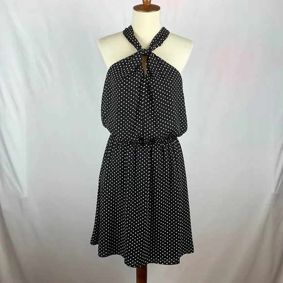 Express Black w/White Polka Dot Blousy Halter Dress w/Keyholes - Size Small - Picture 1 of 16